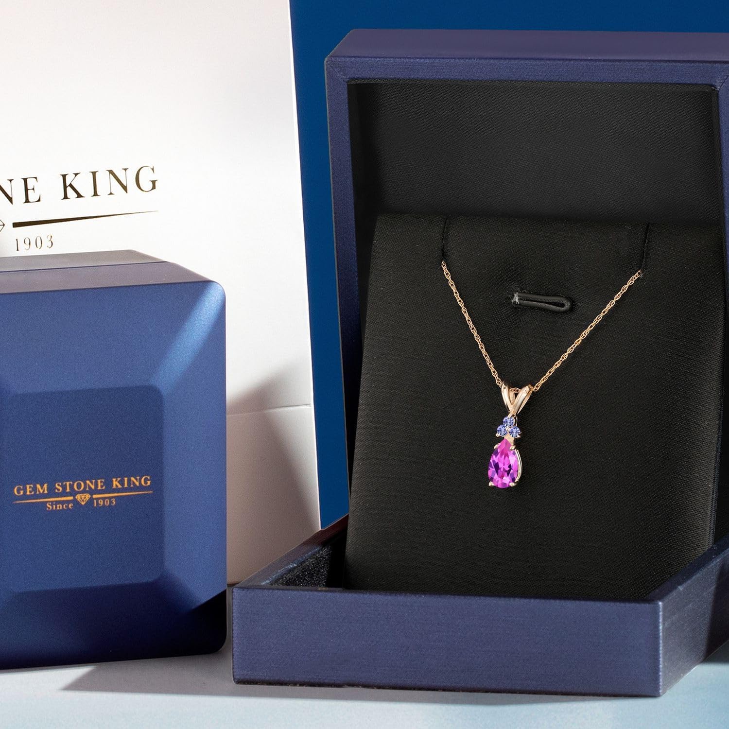 Gem Stone King 14K Yellow Gold Pink Created Sapphire and Blue Tanzanite Pendant Necklace for Women | 1.09 Cttw | Gemstone September Birthstone | Pear Shape 7X5MM | With 18 Inch Chain - Image 5