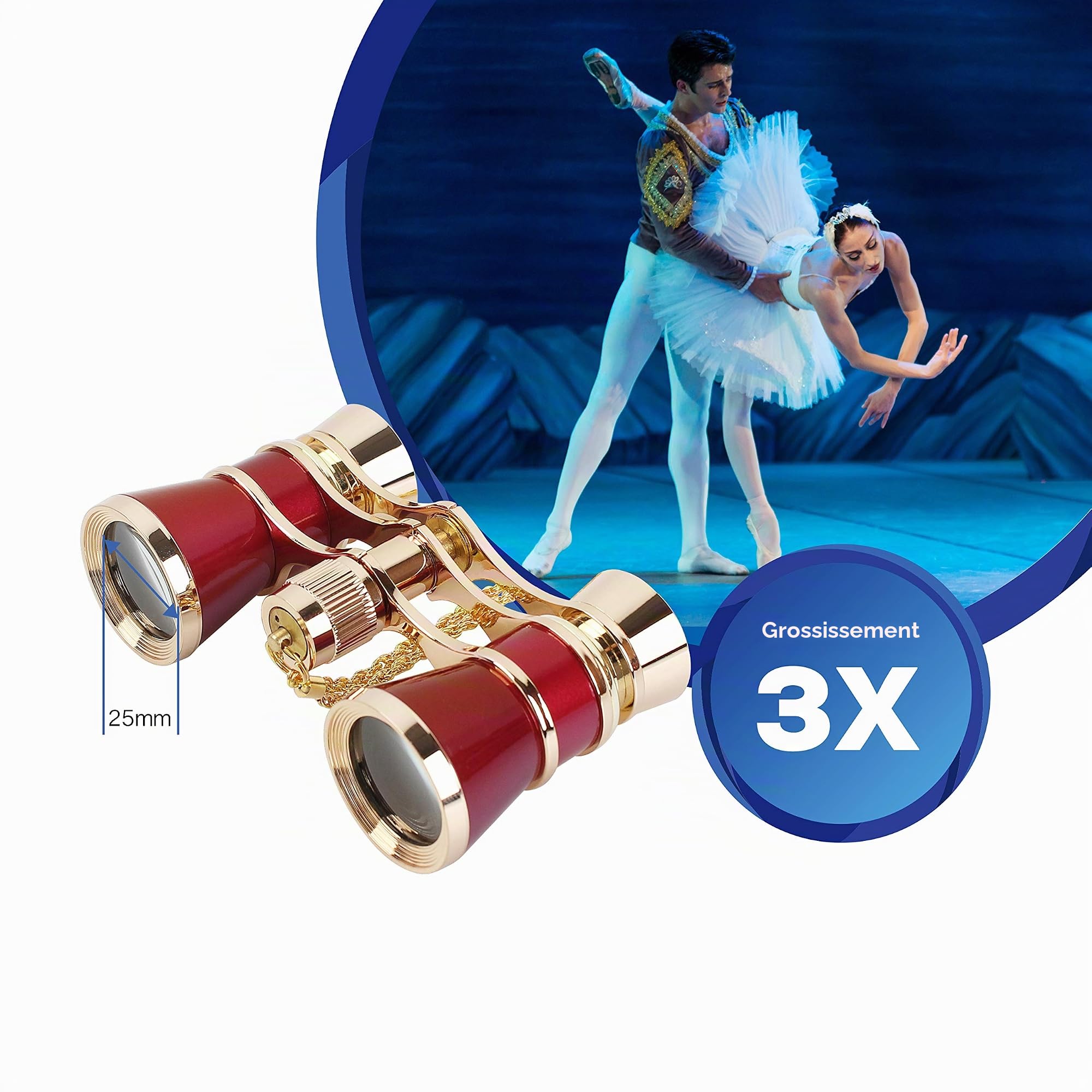 Aomekie Jumelles d'opéra 3X25 avec Chaîne Jumelles de Spectacle Longue Vue en Métal pour Théâtre Tourisme Concert (Rouge)
