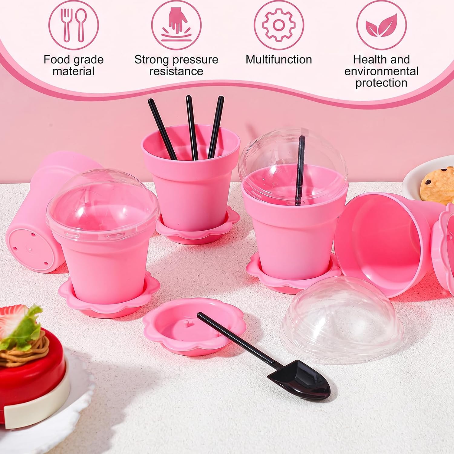 50 Pcs Flowerpot Dessert Cup Set, Plastic Cake Cups with Lid, Pink PP Cups with Shovel Spoon & Bottom Tray, 200 Ml/6.76 Oz Reusable Ice Cream Yogurt Containers for Party Supplies