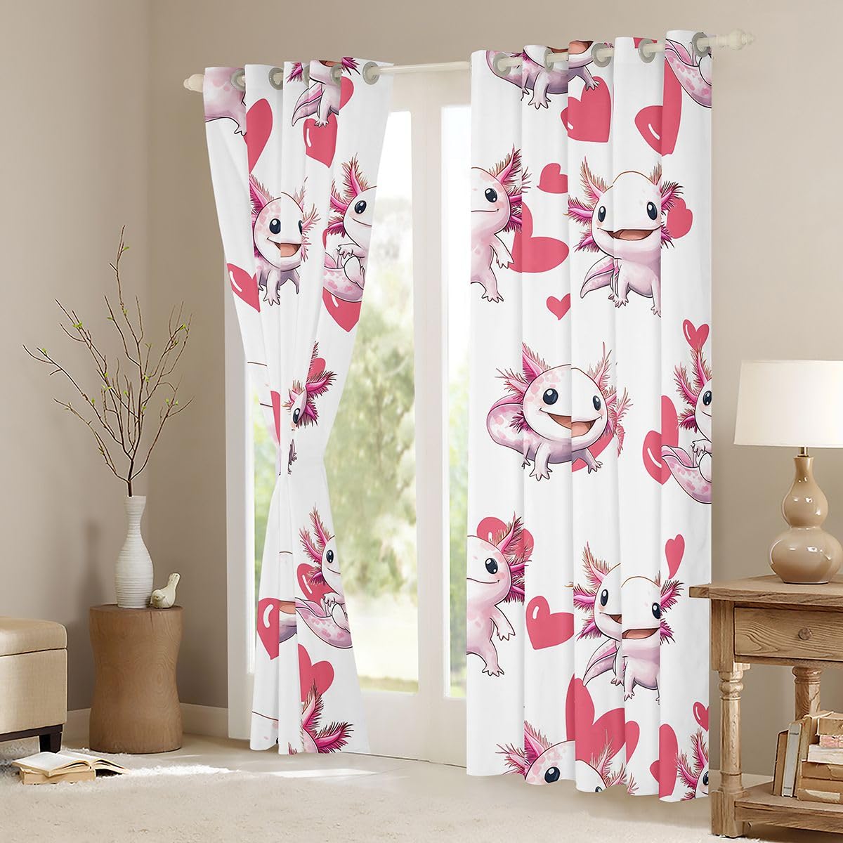 Homemissing Simpatiche tende Axolotl per camera da letto e soggiorno con stampa amante del cuore oscuranti, tende oscuranti con salamandra, stile kawaii, oceano marino, tendaggi per finestre, 2