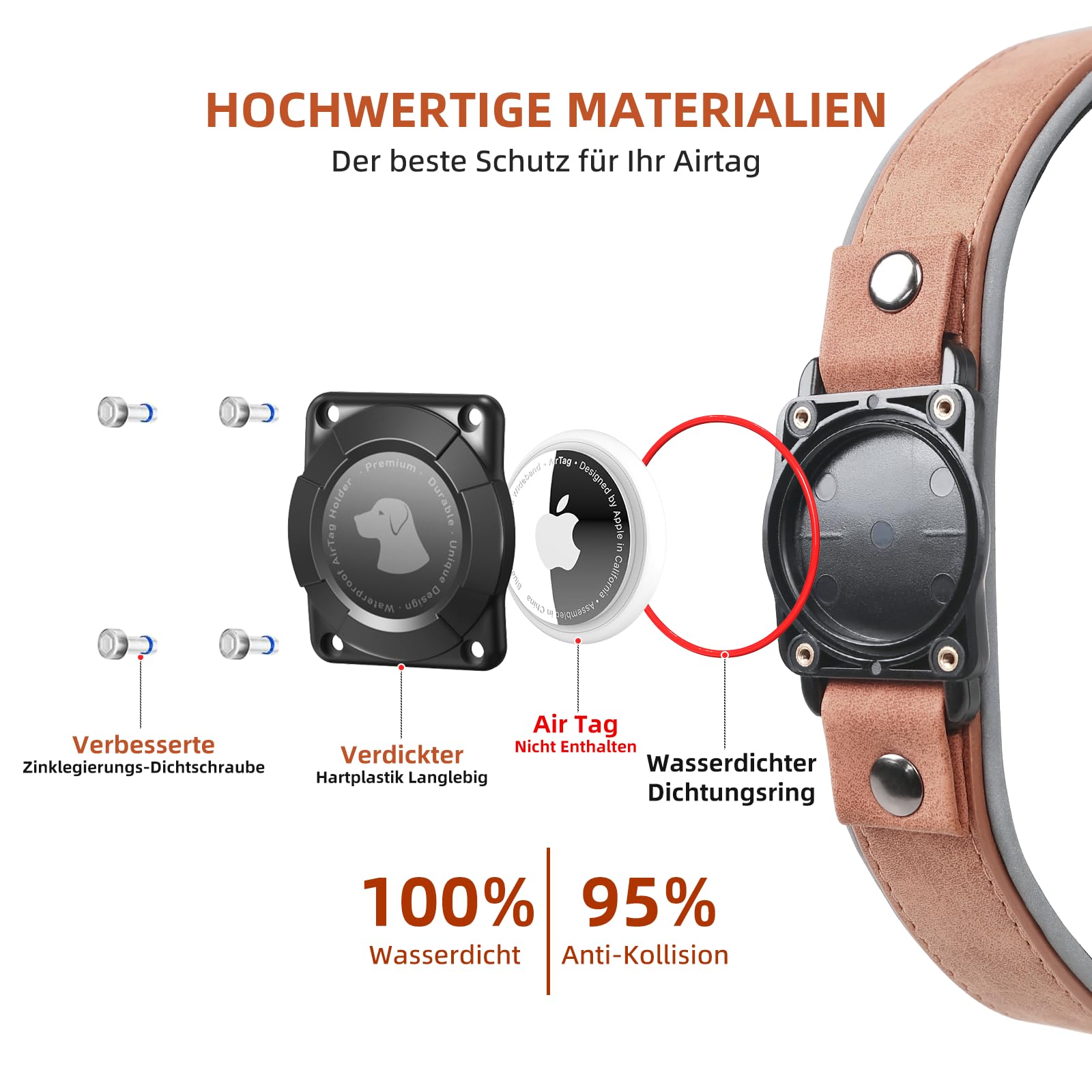 Halsband Hund Leder mit Air Tag Halter, Airtag Hundehalsband IPX8 Wasserdicht, Handgefertigt, Weich und Bequem, Reflektierend, Verstellbare Polsterung, Geeignet für Mittlere Große Hunde (Braun, XL)