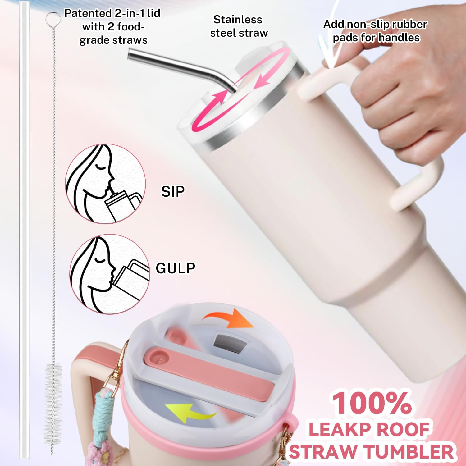 40 oz Tumbler Insulated Mug w/Straw & Flip Cap Lids - Cup Holder Bottle with 6 Accessories Set for Hot, Cold Drink - Leak-Proof - Water, Coffee Portable Travel Mug (Pink Gold) - Image 2