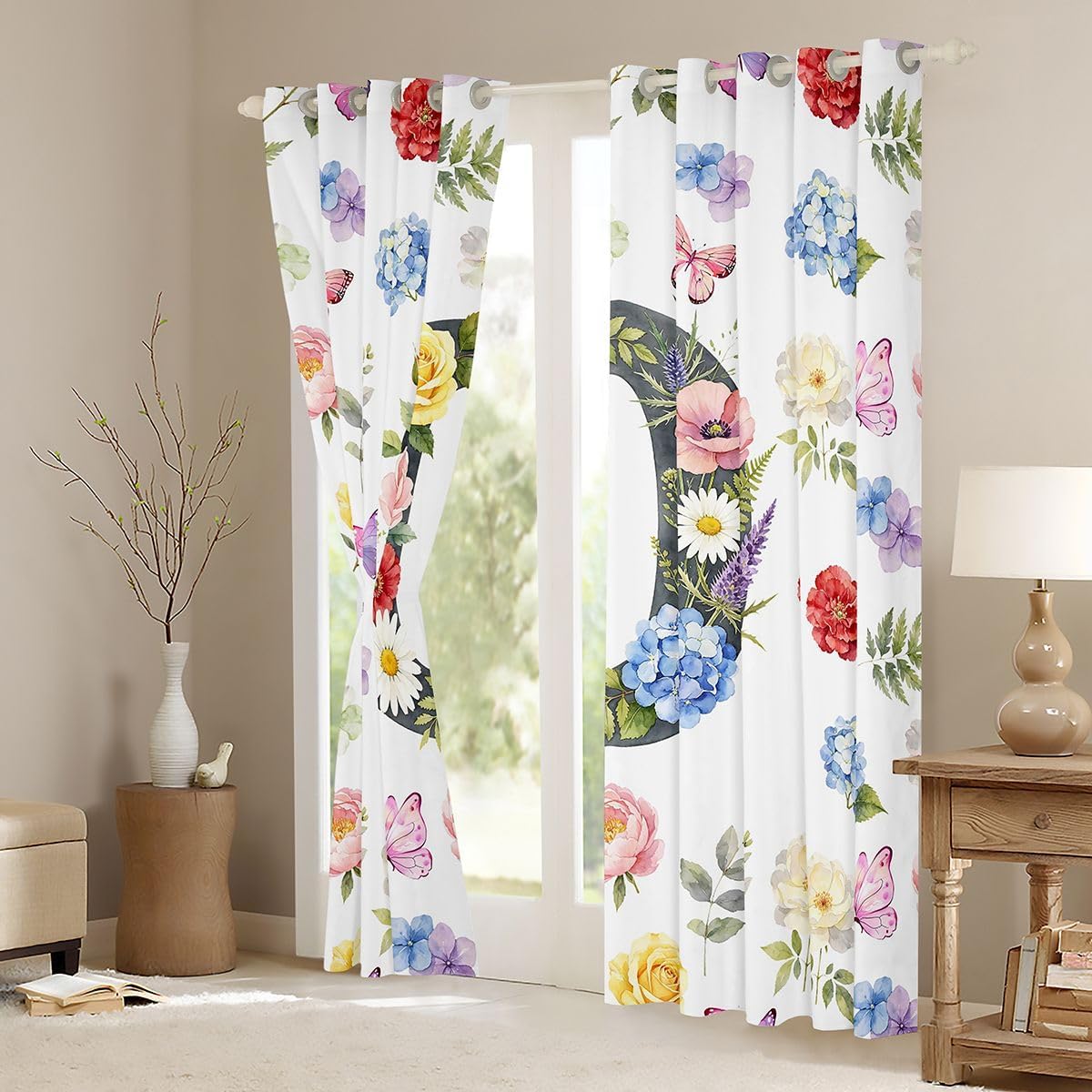 Castle Fairy Butterfly Floral Bedroom Curtains Letter Initial O Bookshelf Window Drapes for Kids Rustic Farmhouse Blackout Drapes Window Treatments Grommet Top 42Wx90L Inch 2 Panel Set,Grey