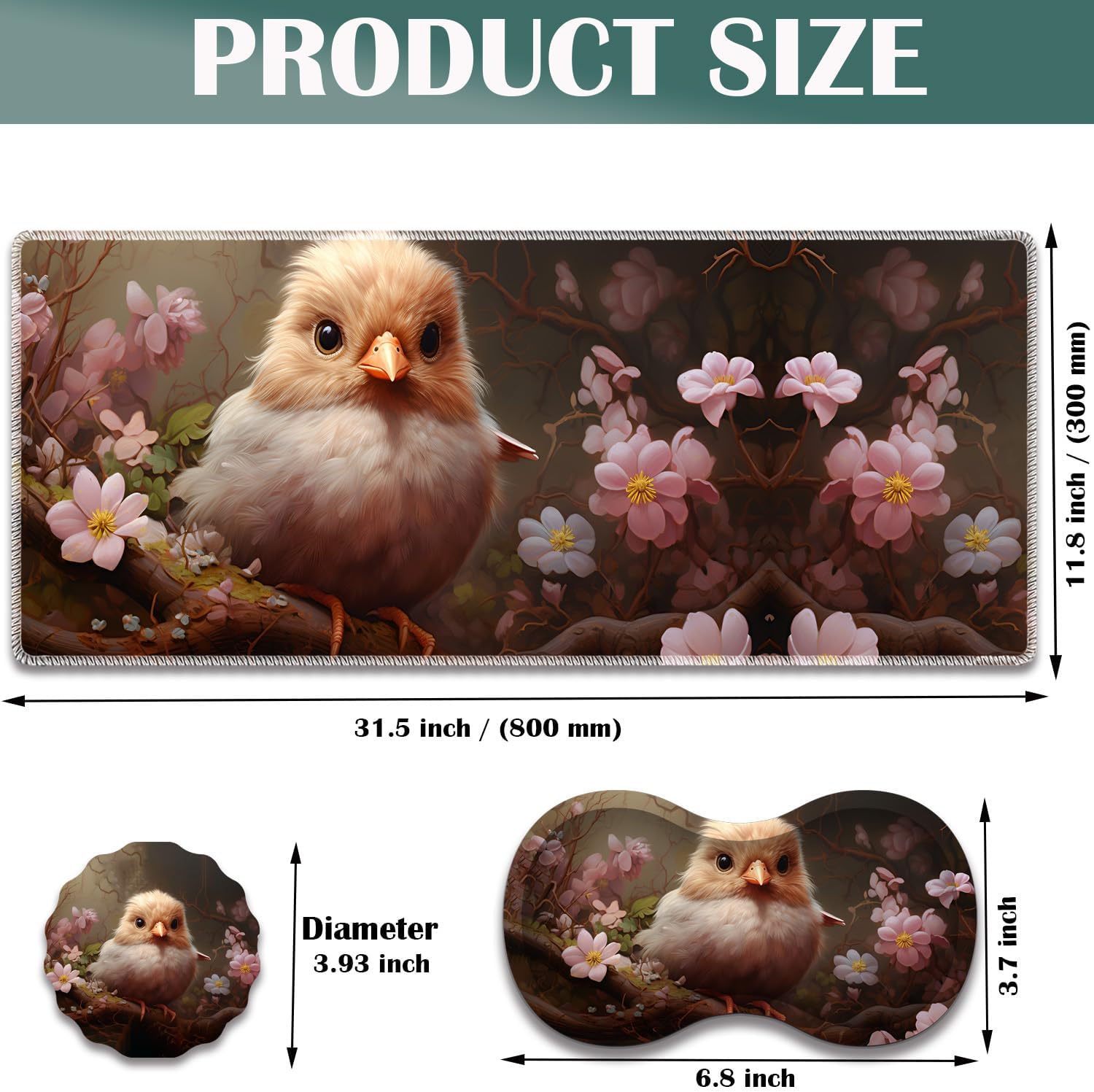 Large Game Mouse Pad + Wrist Support Pad + Coffee Coaster, Desk Pad with Sewn Edges, Anti-Slip Set pad Suitable for Office Work and Home - Cute Animals, Birds, Flowers