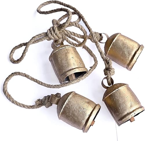 Harmony 4 campanas de vaca en racimo en cuerda, campana de vaca grande con cuerda colgante de yute