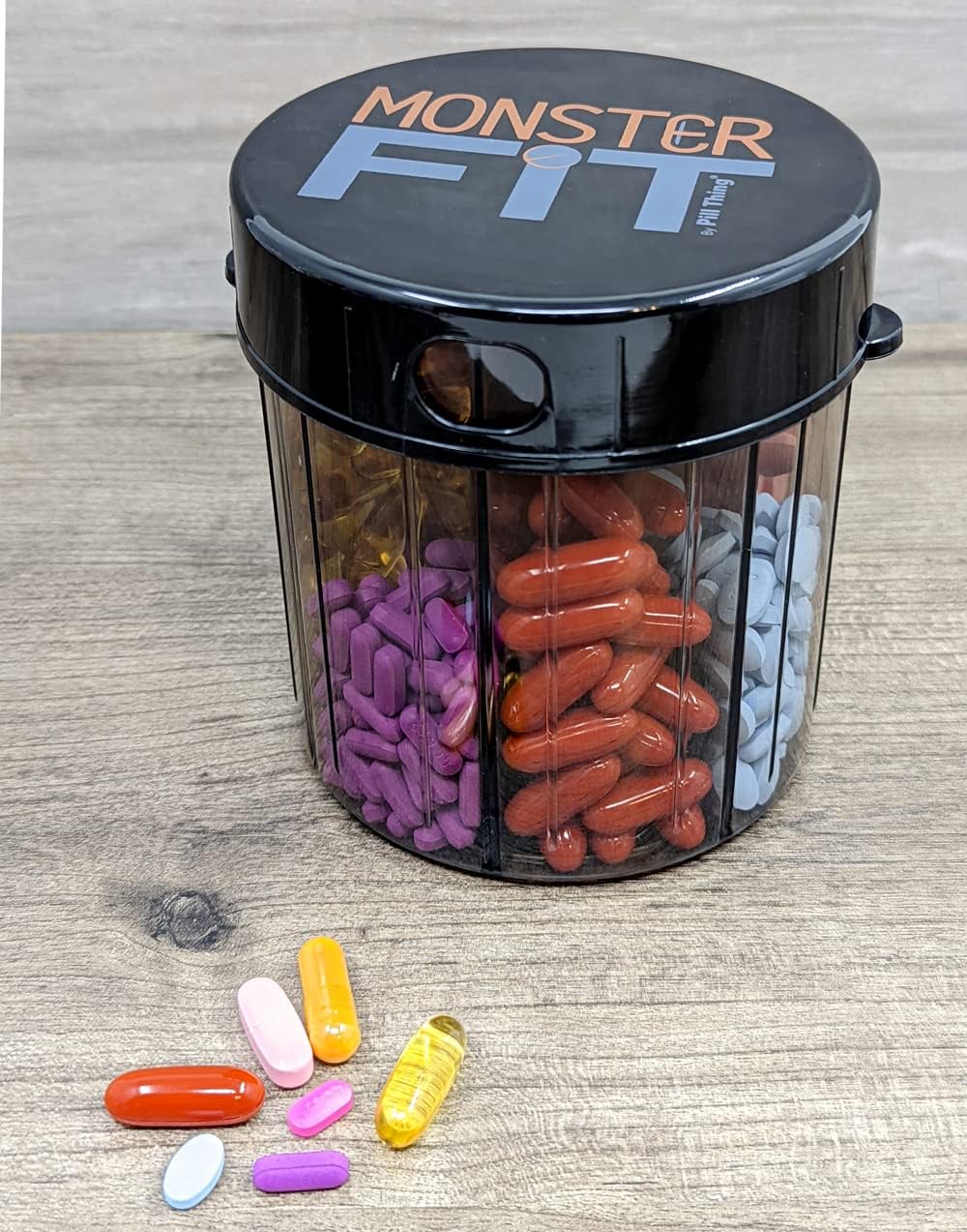 Monster & Monster Jr Supplement Medication Pill Dispensers 2 Pack with Labels, Extra Large and Small Pill Container Bottles Handle Almost Any Supplement, Easy to Dispense (Monster & Monster Jr.)