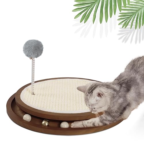 LMUGOOS Cat Scratcher, Cat Natural Sisal Scratching Pad, Kitten Interactive Toy with Ball Track Spring Ball for Chasing Hunting Mental Physical Exercise Puzzle - Walnut Color