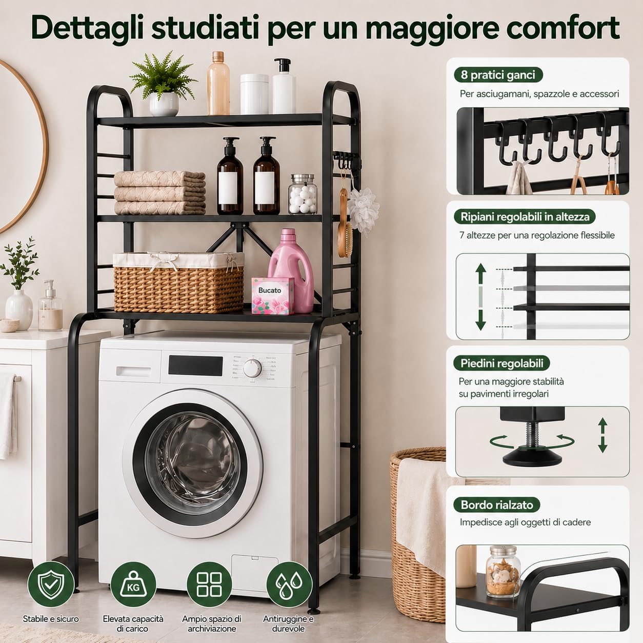 Scaffale Sopra Lavatrice in Metallo a 3 Ripiani, Mobiletto per Lavatrice con 8 Ganci, Ripiano Sopra Lavatrice Regolabile in Altezza, Organizer Stabile per Bagno WC Lavanderia, 66x155x49 cm