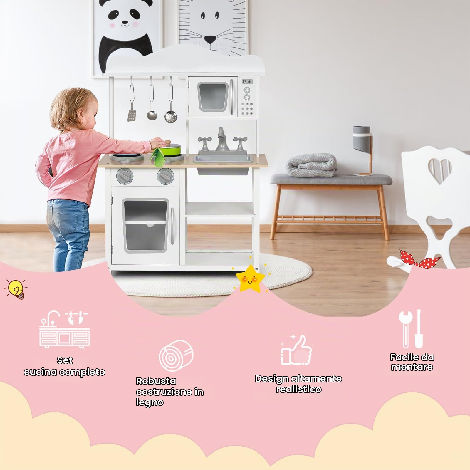 HOMASIS Cucina per Bambini in Legno, Cucina Giocattolo con Accessori, Stoviglie, Lavandino, Fornelli, Forno a Microonde, Set da Cucinetta per Bambini dai 3 Anni in Su, 60x30x83 cm