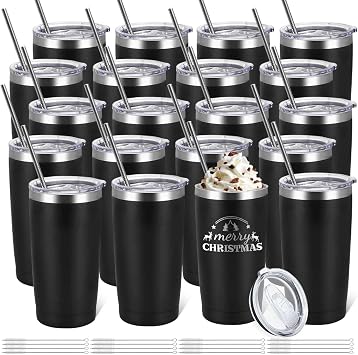 YOUKE OLA 20 Pack Stainless Steel Tumbler Bulk Insulated Vacuum Travel Mug with Straws Powder Coated Coffee Mug Gift for Laser Engrave, 20oz Black