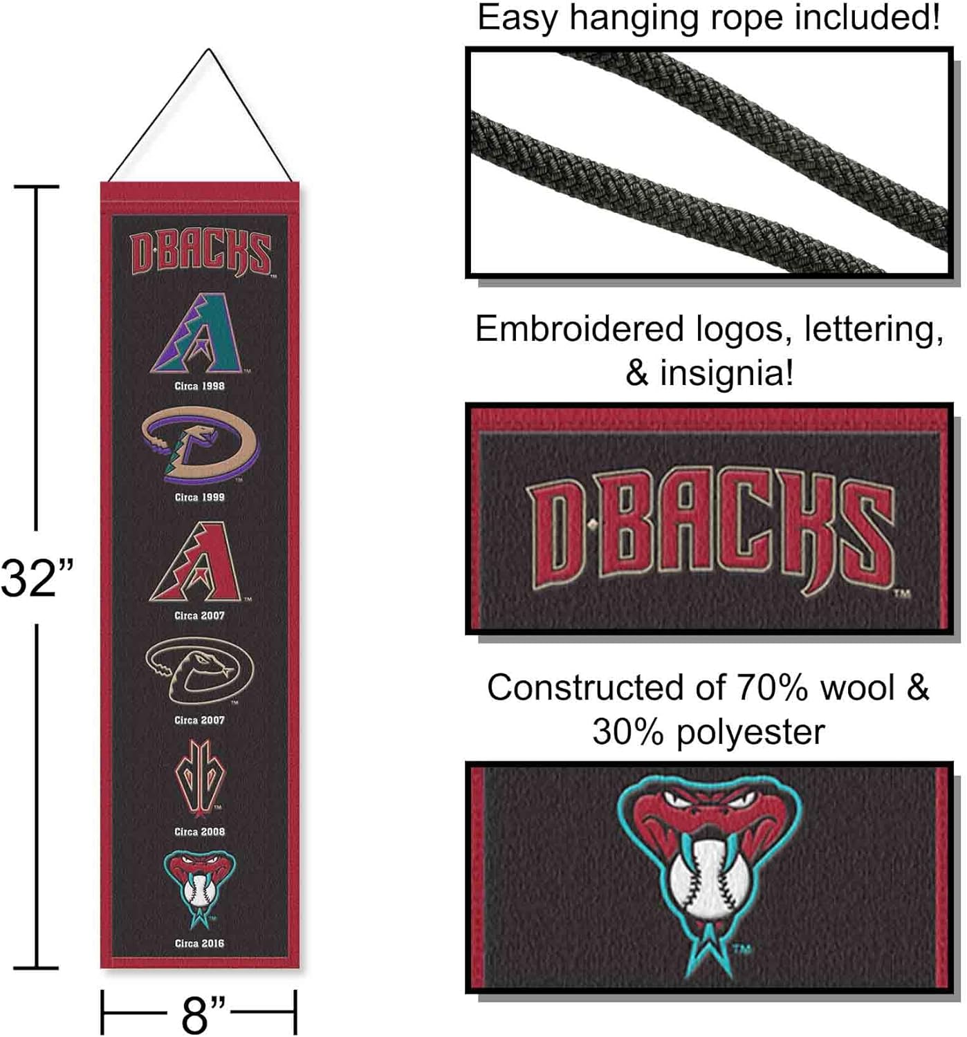 WinCraft Arizona Diamondbacks Evolution 8x32 Inch Vertical Wool Embroidered Hanging Banner