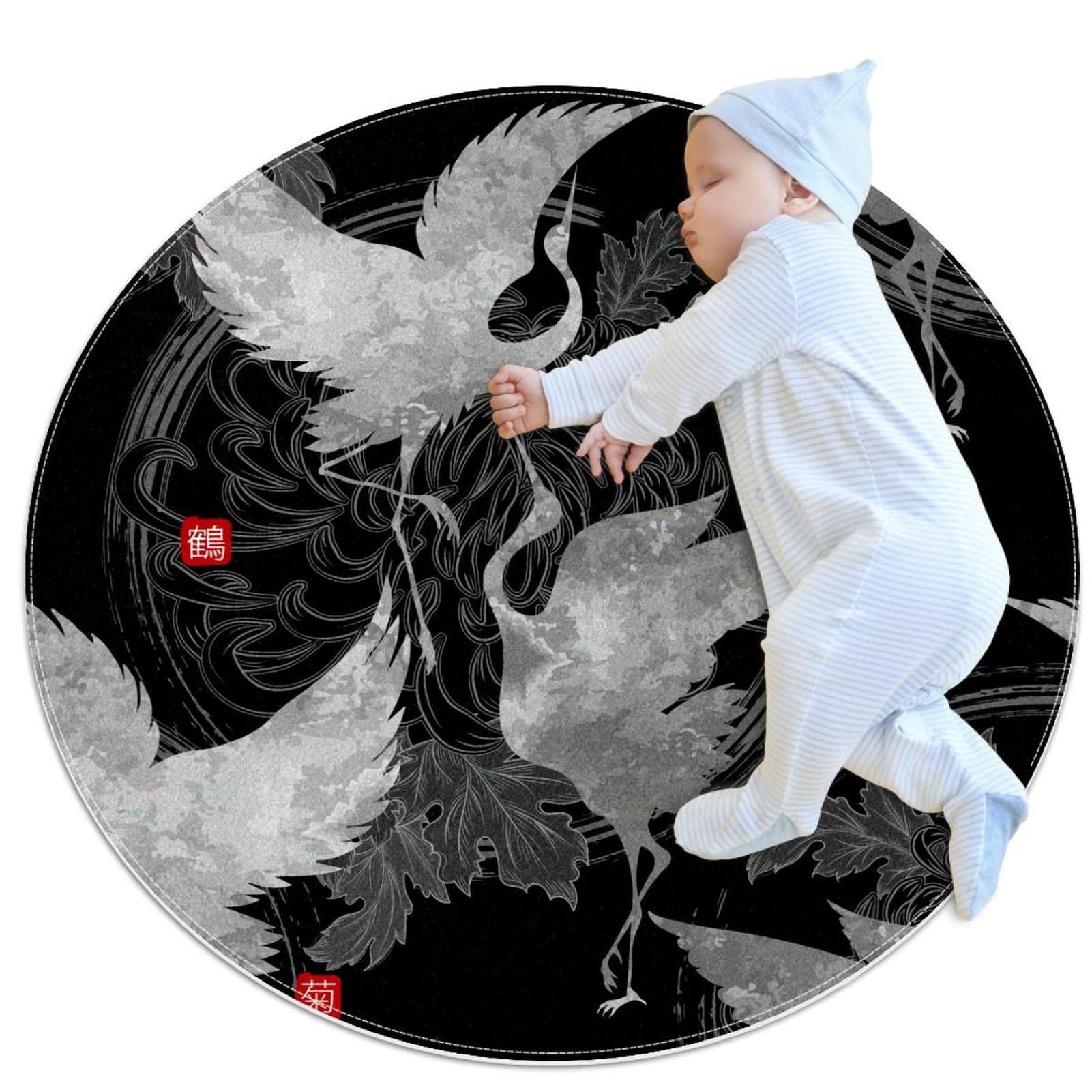 Tapis rond de grues et d'oiseaux JDEZ aux finitions soignees pour salon moderne