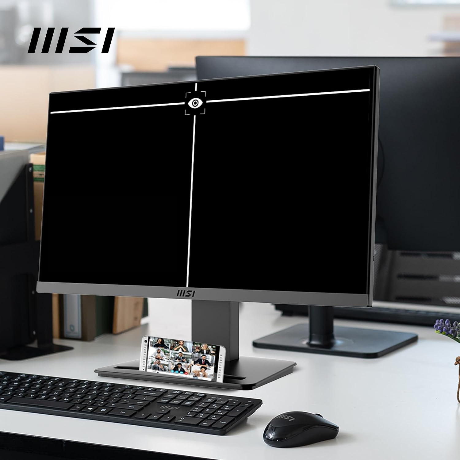 MSI PRO MP223 E2 Monitor in an office setting, showing the accessory slot in the base