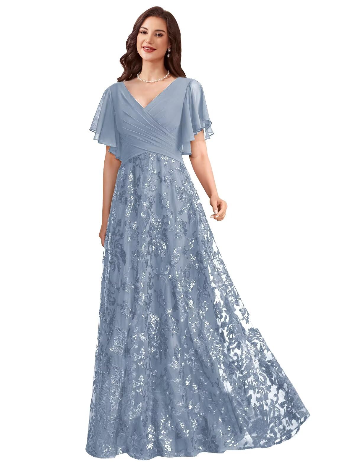 V Neck Mother of The Bride Dresses with Sleeve Sequin Chiffon Ruched Formal Evening Dress