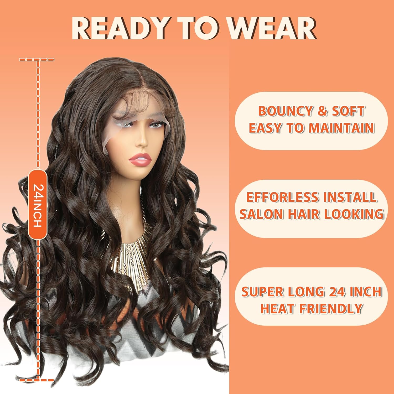 goodear 13X6 Lace Frontal Chocolate Brown Wig for Women, Long Wavy Lace Hairline Middle Part Synthetic Heat Resistant Wig for Daily Party-24 Inch