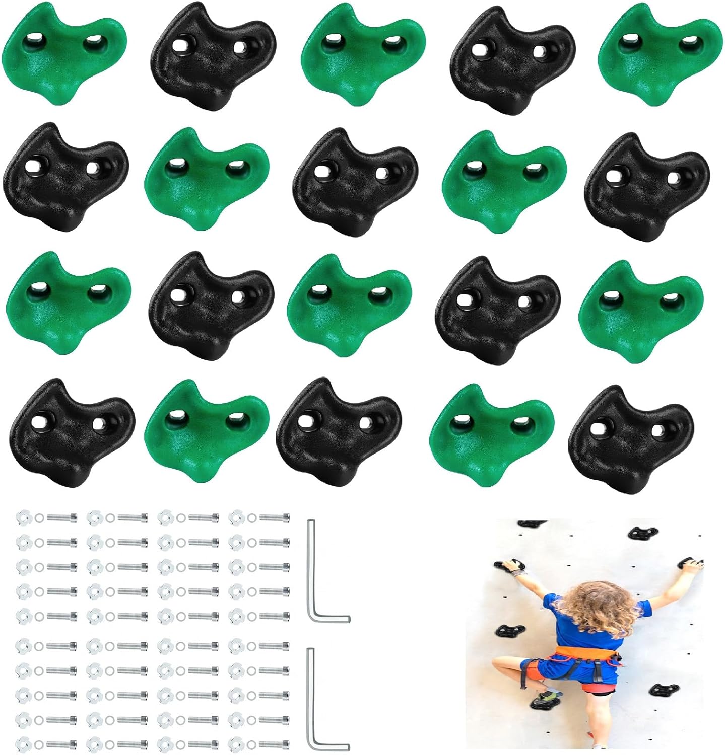 20PCS Rock Climbing Holds,Rock Climbing Wall for Kids, Extra Large Size Climbing Rock Wall Grips with Mounting Hardware and Wrench for Indoor Outdoor Playground,Installed on Wooden Board, Green Black