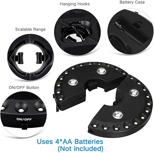 Miniatura 6 de Luz blanca cálida para sombrilla de patio, 3 modos de brillo, inalámbrica, 28 luces LED a 200 lúmenes, 4 pilas AA, luz de poste para sombrilla de