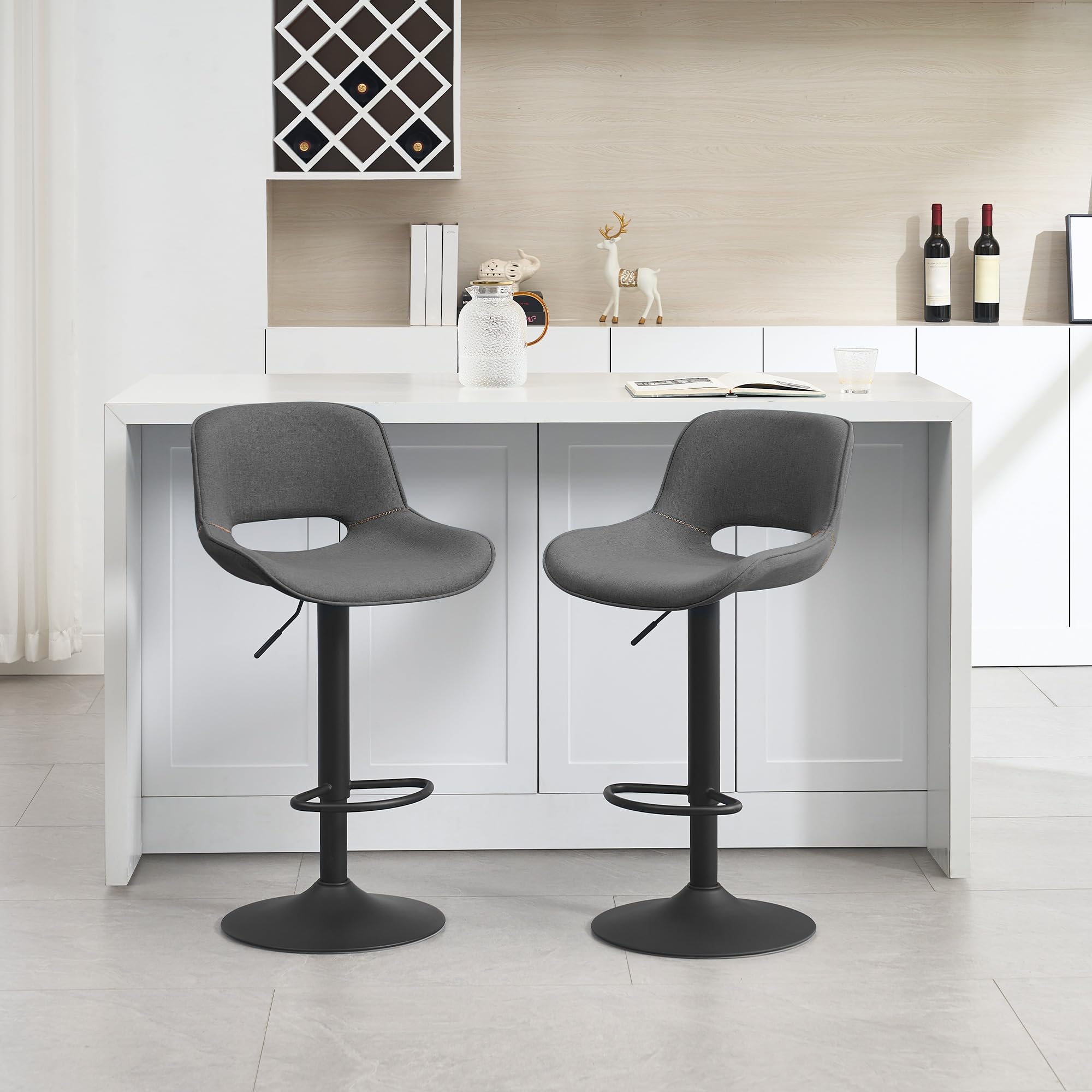 WOLTU Barhocker 2er Set, höhenverstellbar, mit Rückenlehne, Leinen, Grau | Barstuhl mit Fußstütze, Bar Hocker modern, Tresenhocker, Bistrostuhl, Drehhocker, Stuhl für Küche, Esszimmer