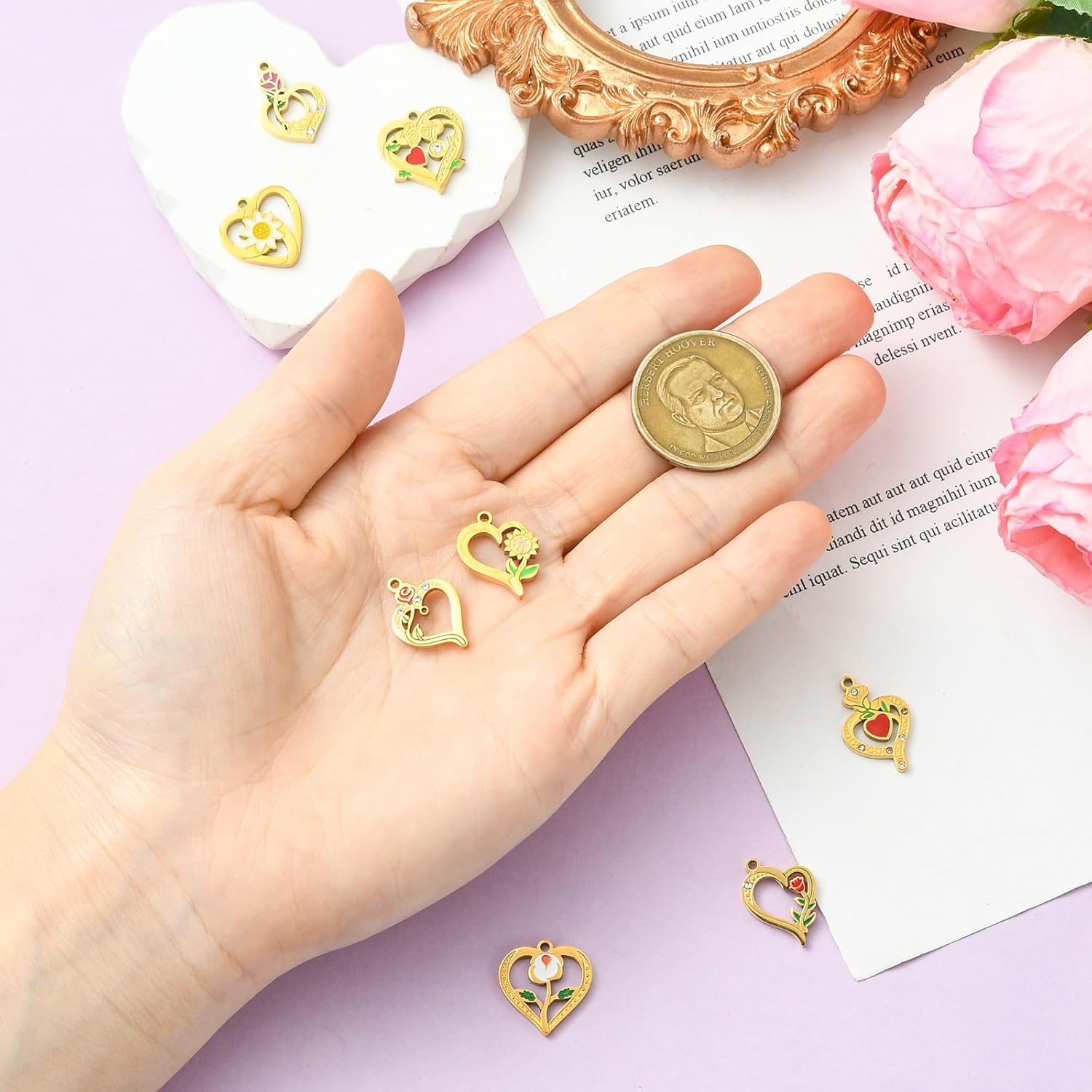 8Pcs 8 Styles Stainless Steel Heart with Enamel Flower Pattern Pendants Golden Cubic Zirconia Love Heart Charms for DIY Jewelry Making Crafts - Image 4