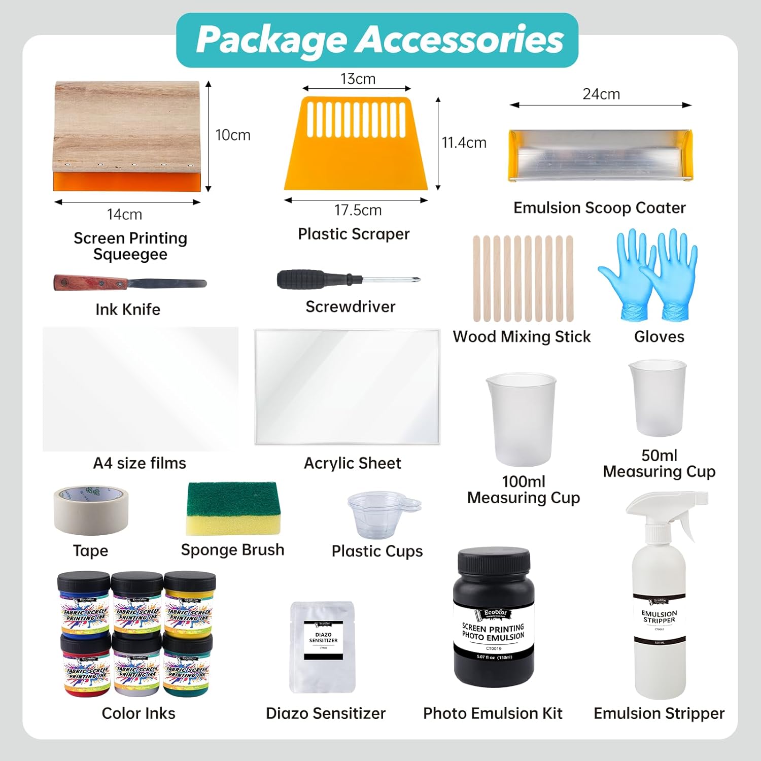 Ecoofor Screen Printing Kit 63 pcs All-in-One Set with 50 W UV Exposure Lamp, 3 Size Wood Screen Printing Frames, 6 Colors Screen Printing Ink, 15 A4 Inkjet Transparency Films & Emulsion Stripper