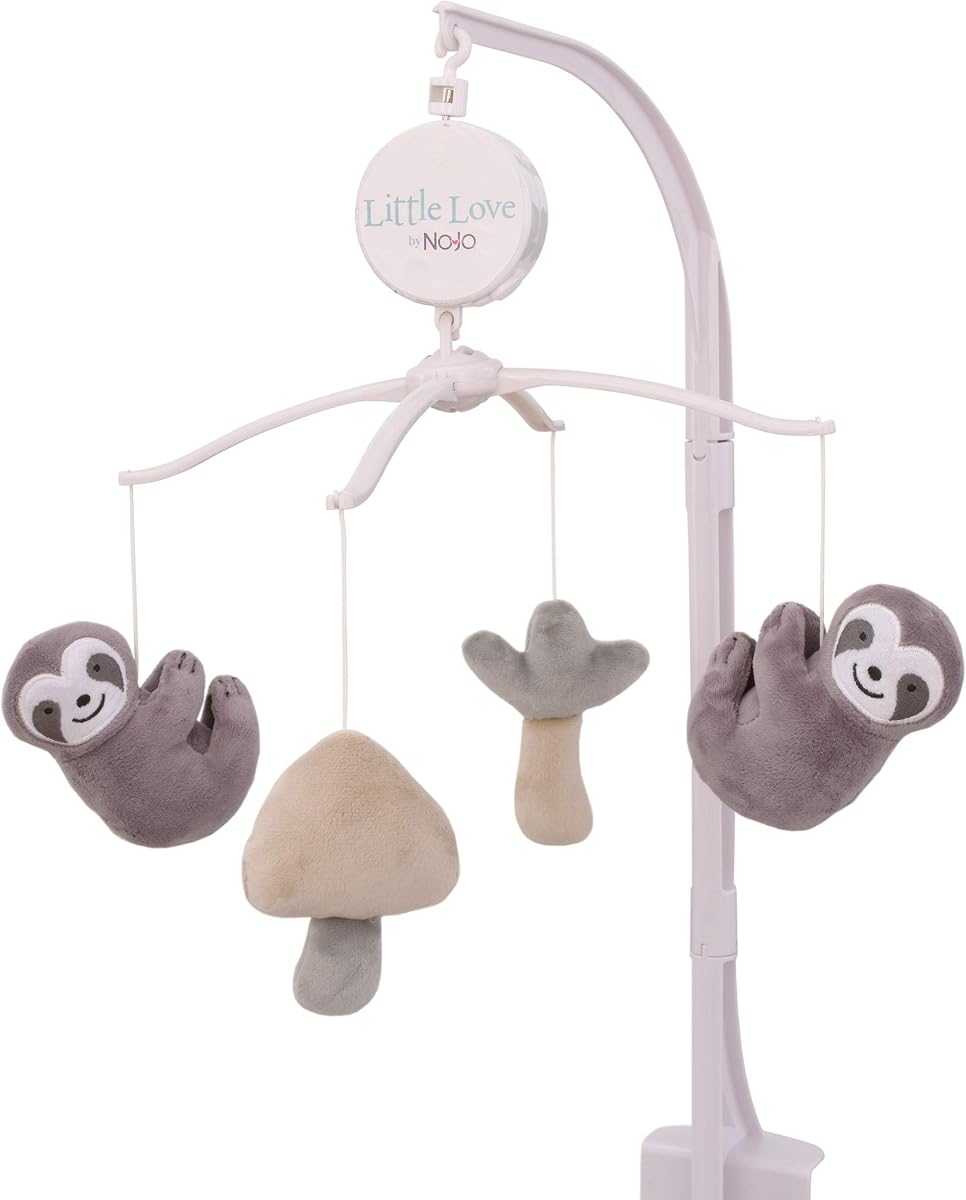 Sloth Let's Hang Out Grey & White Musical Mobile with Sloths, Mushrooms & Trees, Grey, White