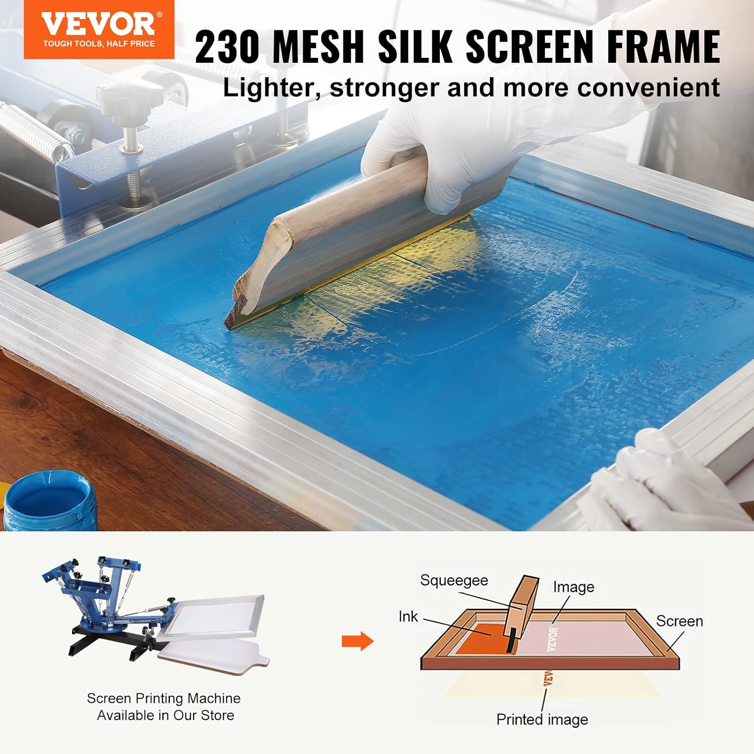 vevor screen printing kit, 2 pieces aluminum silk screen printing frames, 20x24inch silk screen printing frame with 230 count mesh, high tension nylon mesh and sealing tape for t-shirts diy printing 20x24inch-2