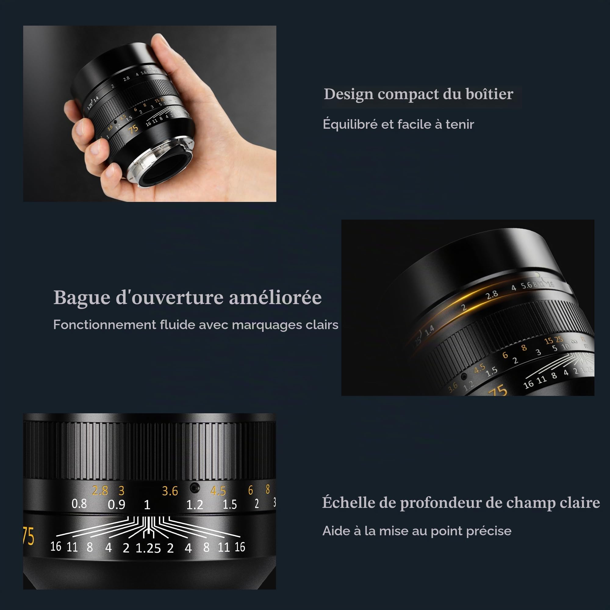 Objectif à Mise au Point Manuelle 7artisans 75 mm f/1.25 Mark II Compatible avec Les appareils Photo Leica à Monture M (Leica M240, M3, M6, M7, M8, M9, M9p, M10)