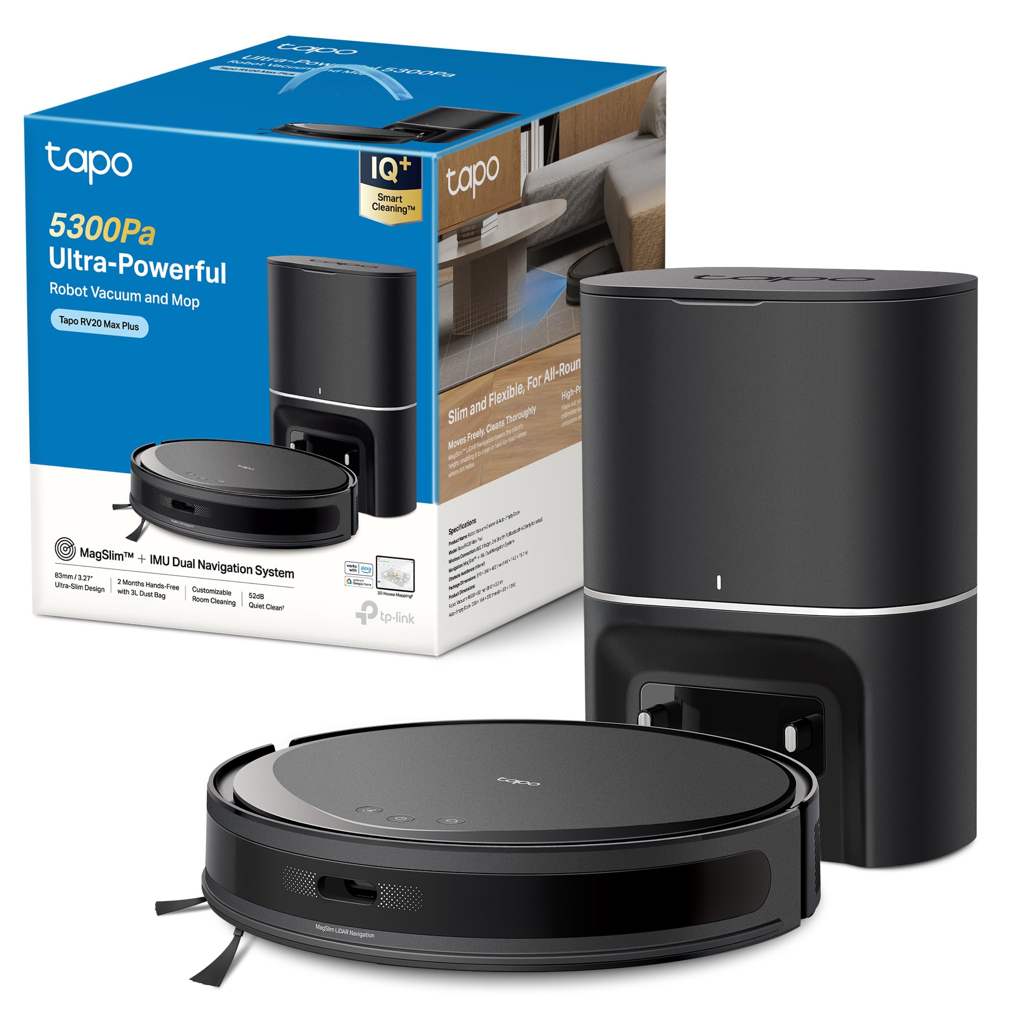 Tapo RV20 MAX Plus – Robot Aspirador y friegasuelos 4 en 1, succión de 5300 Pa, Vaciado automático de 3 L, navegación LiDAR+IMU, Limpieza Inteligente IQ+, Limpieza Personalizable, Control aplicación