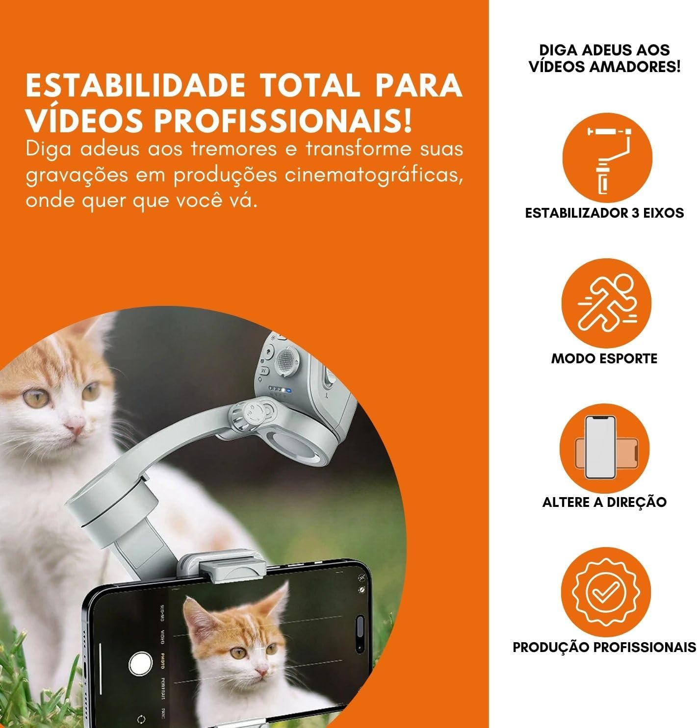 The PEI-M01 Gimbal filming a cat, with icons indicating 3-axis stabilization, sport mode, direction alteration, and professional production capabilities.