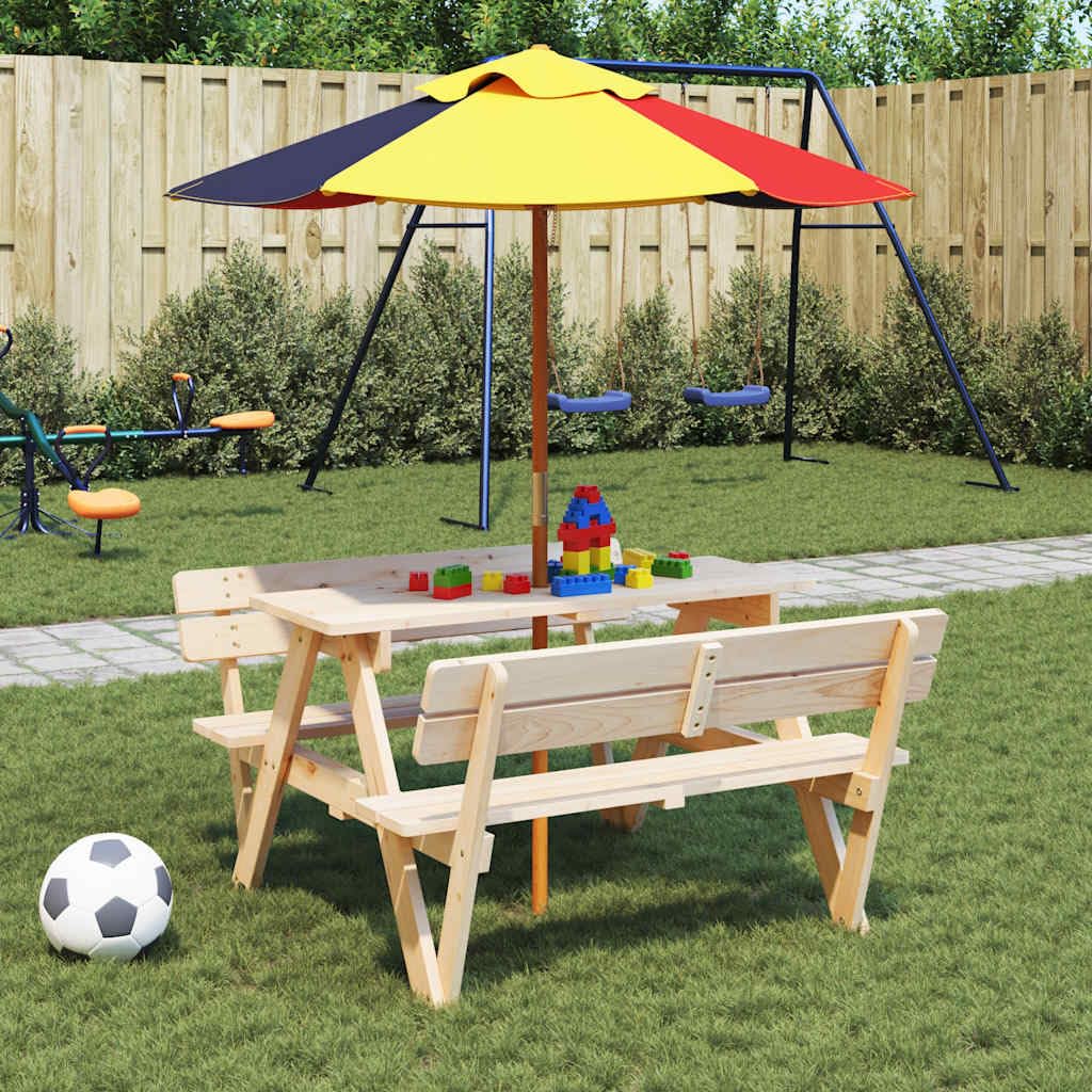 Tavolo da picnic per bambini con ombrellone in legno di abete massiccio, 4 posti, per giardino, terrazza, balcone e esterni, a forma di W, per picnic, barbecue e feste