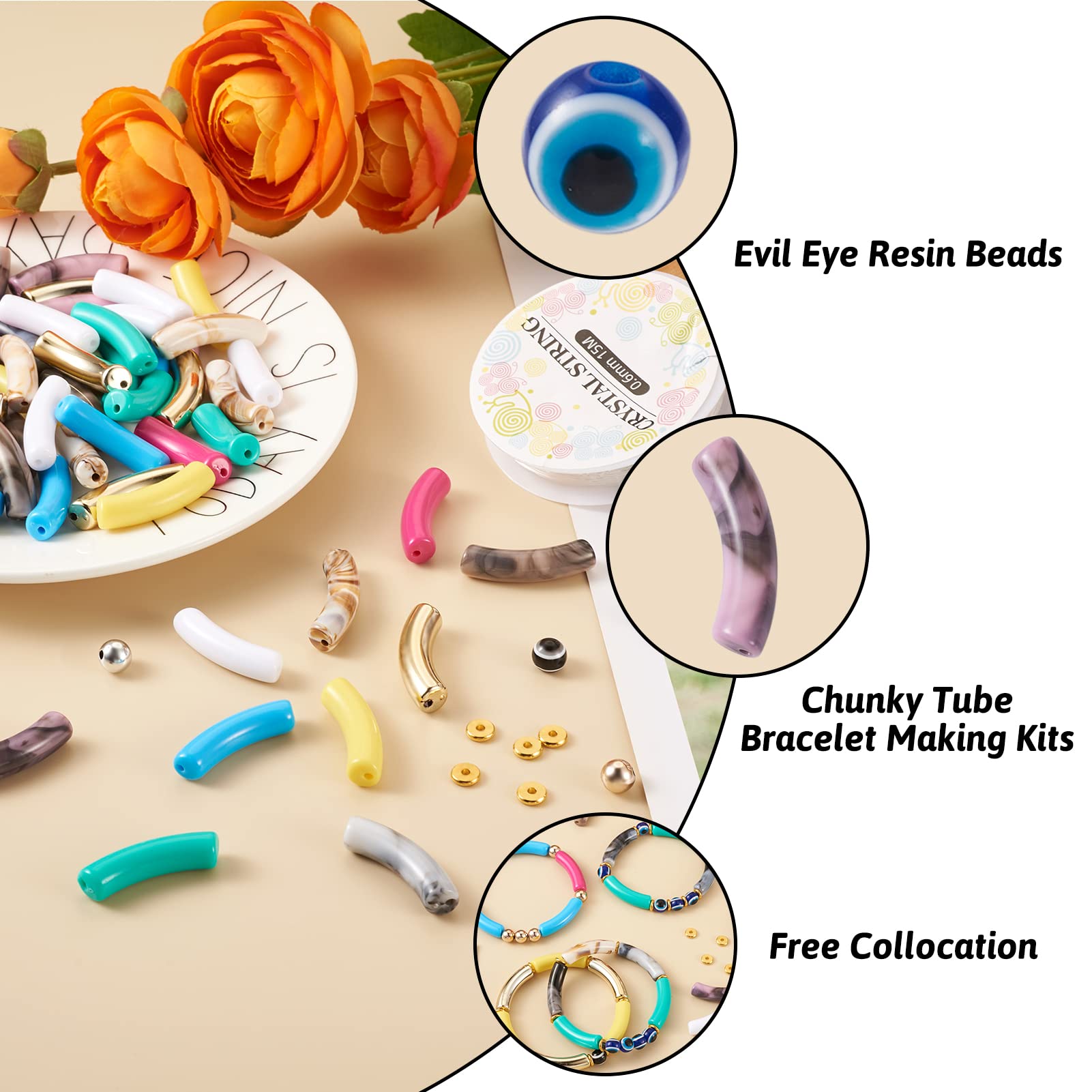 Pandahall 200Pcs Curved Tube Beads for Bracelets Making Acrylic Bamboo Tube Noodle Beads Evil Eye Resin Beads Brass Spacer Elastic Strings Jewelry Accessories - Image 2