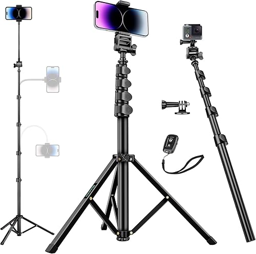 Trípode de teléfono de 80 pulgadas, trípode para teléfono celular, trípode de aluminio para video, fotos, vlog, trípodes de viaje con soporte remoto