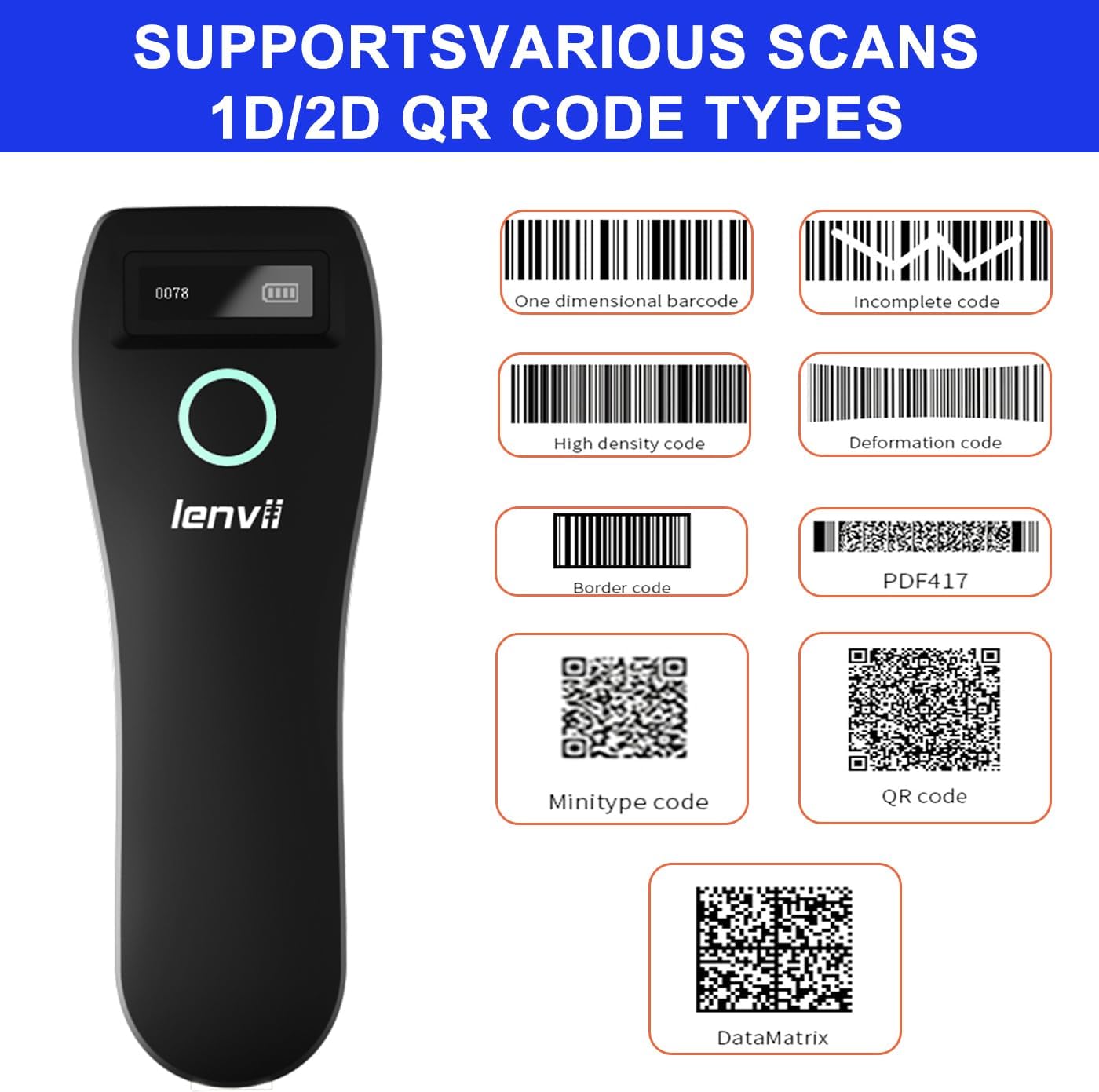 LENVII R800 Barcode Scanner supported barcode types