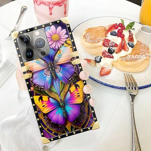 Miniatura 7 de Funda cuadrada compatible con iPhone 15 Pro Max (6.7 pulgadas), hermosa mariposa Flosers dorada, de lujo, suave TPU duro, parte trasera de