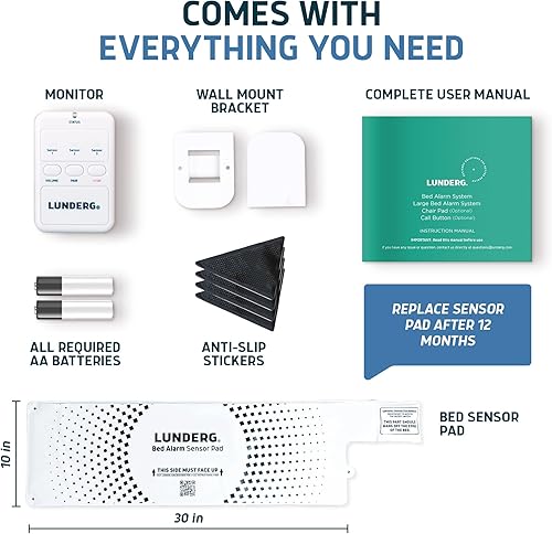 Miniatura 5 de Lunderg Alarma de cama para adultos mayores, almohadilla de sensor inalámbrico (10 x 30 pulgadas) y buscapersonas - Alarmas de cama y prevención de