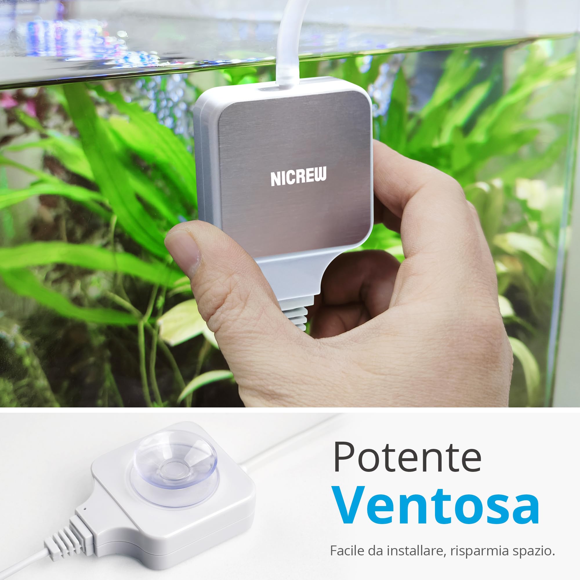NICREW Ossigenatore per Acquario fino a 40 L, Nano Aeratore Ultra-Silenzioso <33 dB, Accessori per Acquario Nano, 18 L/H, 1,5W