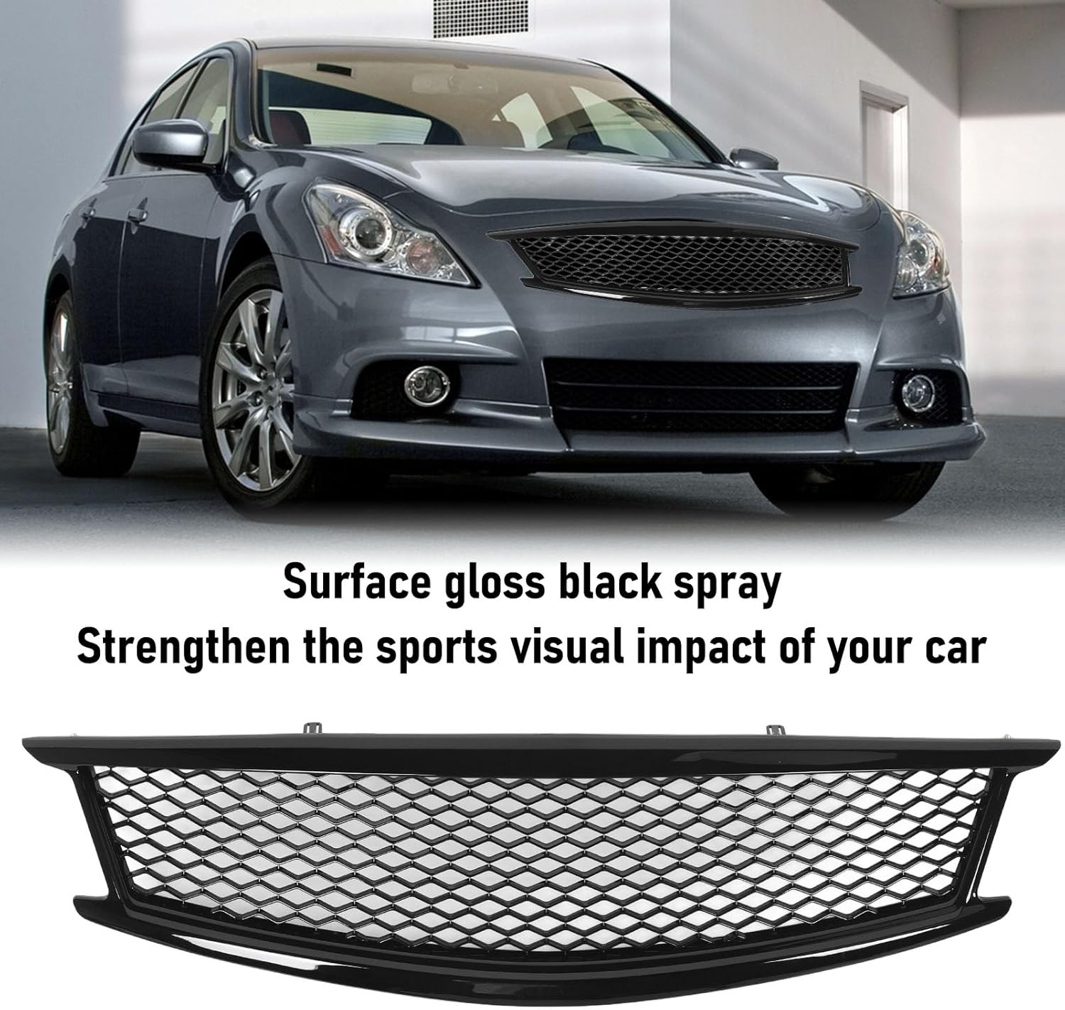 Aramox Gloss Black Mesh Front Bumper Grille for G37 4 Door Sedan Facelift 2010 to 2013 for G25 2011 to 2012, ABS Material with High Temperature Baking Process