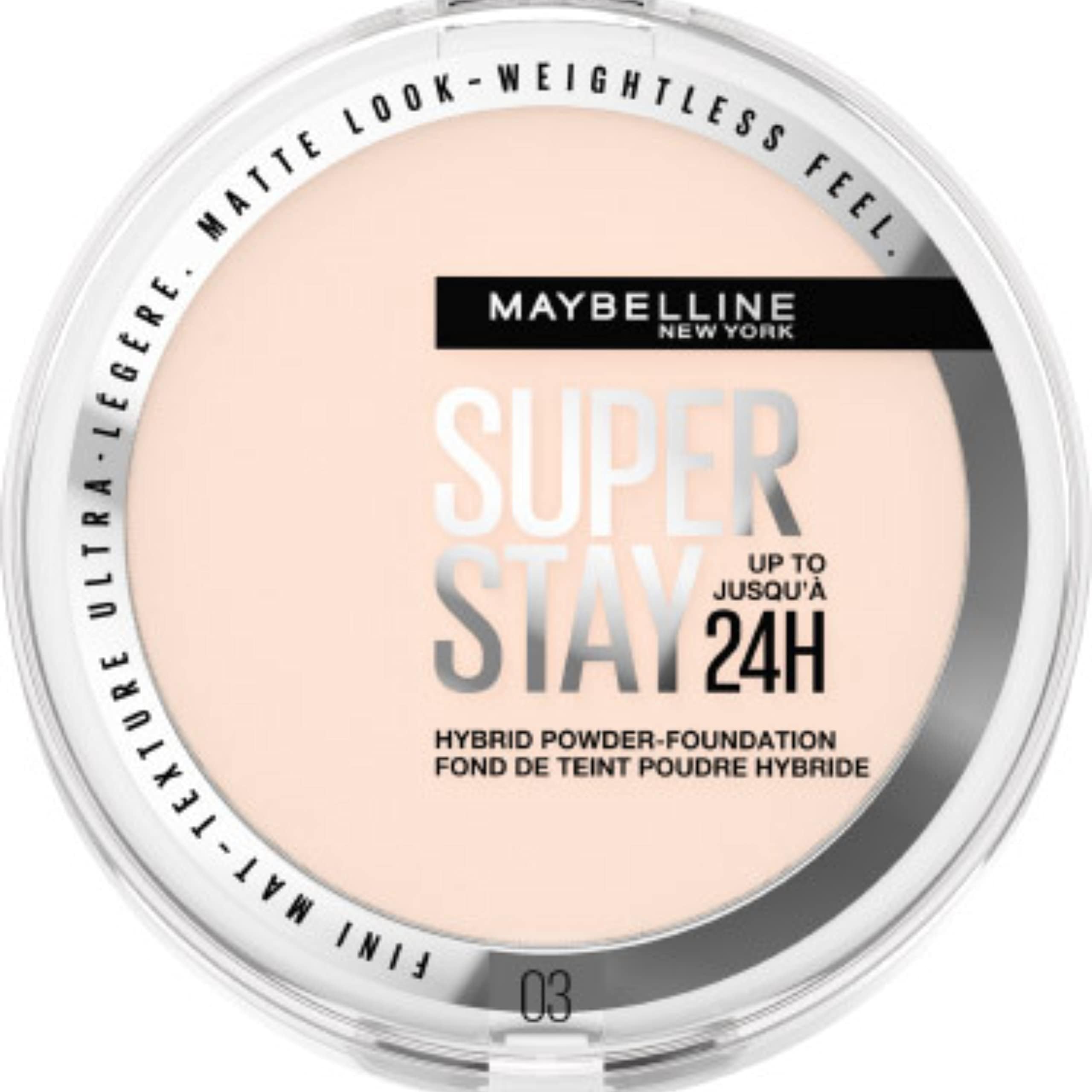Maybelline Powder Foundation, Long-lasting 24H Wear, Medium to Full Coverage, Transfer, Water & Sweat Resistant, SuperStay 24H Hybrid Powder Foundation, 03