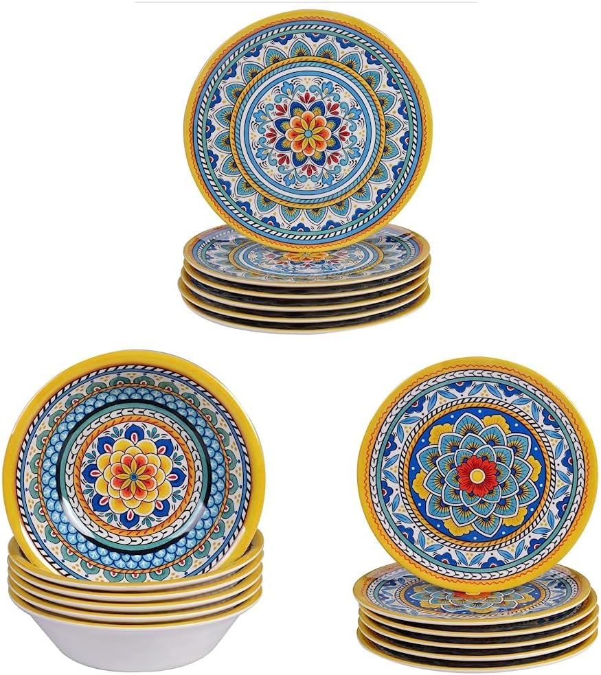 Portofino Melamine Dinnerware Set - 11" Dinner Plate, 7.5" All Purpose Bowl, 9" Salad/Dessert Plate, Set of 6 Each, Multi Colored