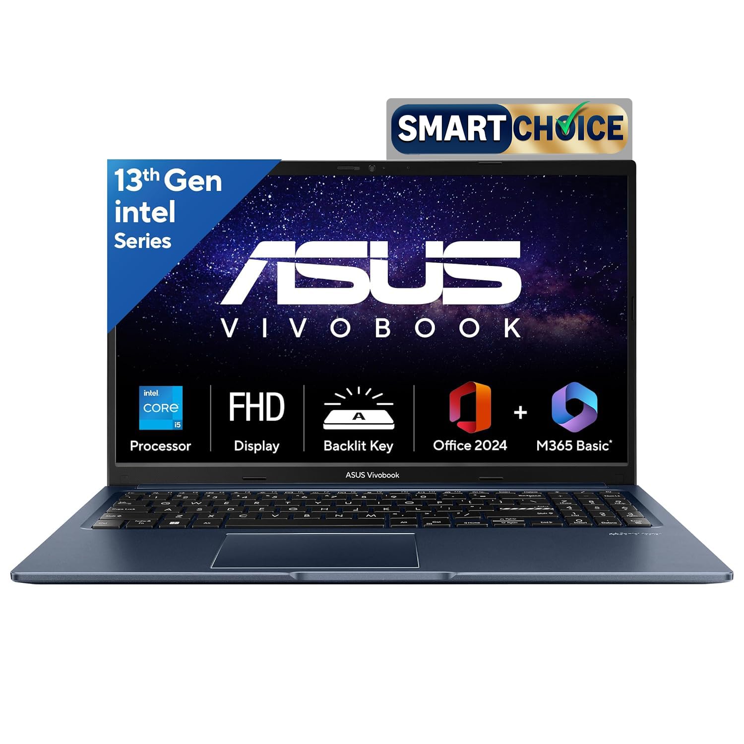ASUS Vivobook 15,13th Gen,Intel Core i5-13420H(Intel UHD iGPU/16GB RAM/1TB SSD/FHD/15.6"/60Hz/Backlit Keyboard/Windows 11/M365 Basic (1Year)*/Office Home 2024/Quiet Blue/1.70 kg) X1502VA-BQ1297WS