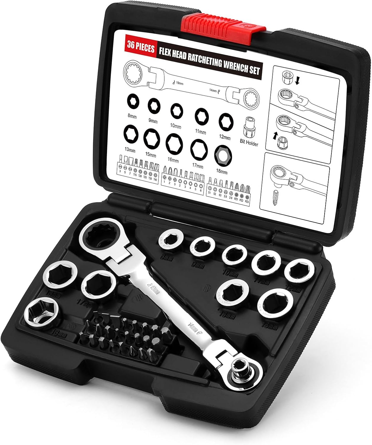 EMENTOL 36PCS Flex Head Ratcheting Wrench Set, 12-in-1 Wrench Set & 24-in-1 Screwdriver Set, CR-V, Double Box End Wrench 8mm -19mm