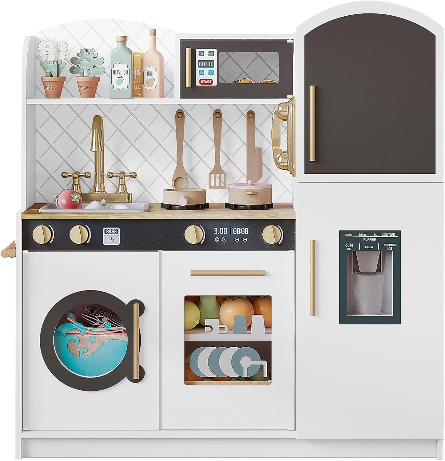 Treocho Wooden Play Kitchen for Kids Ages 3+ - Toddler Toy Kitchen Set with Sink, Stove, Ice Maker, Chalkboard & Storage, White