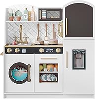 Treocho Wooden Play Kitchen for Kids Ages 3+ - Toddler Toy Kitchen Set with Sink, Stove, Ice Maker, Chalkboard & Storage, White