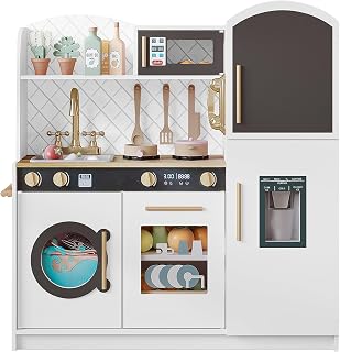 Treocho Wooden Play Kitchen for Kids Ages 3+ - Toddler Toy Kitchen Set with Sink, Stove, Ice Maker, Chalkboard & Storage, White