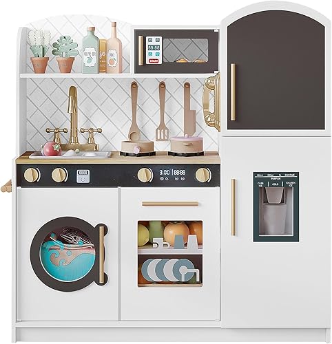 Treocho Juego de juguetes de cocina para niños, cocina de madera con fregadero, horno, microondas, juego de cocina para niños pequeños, niñas y