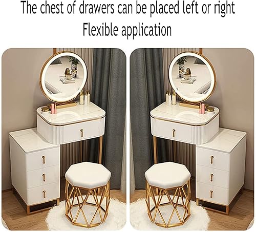 Miniatura 5 de Juego de mesa de tocador pequeña con taburete, escritorio de tocador con espejo LED y cajones, tocador con armario de almacenamiento, mesa de