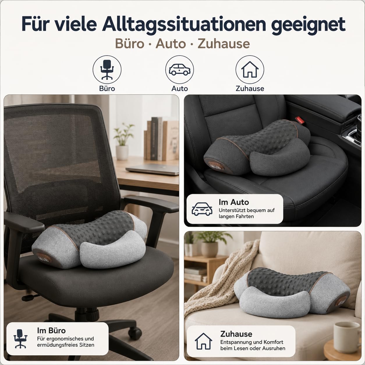 Triple Fusion Massagegerät, 3 in 1 Massagekissen mit Traktion & Vibration, Memory-Foam Nackenstützkissen für Nacken, Schultern & Rücken，Dunkelgrau