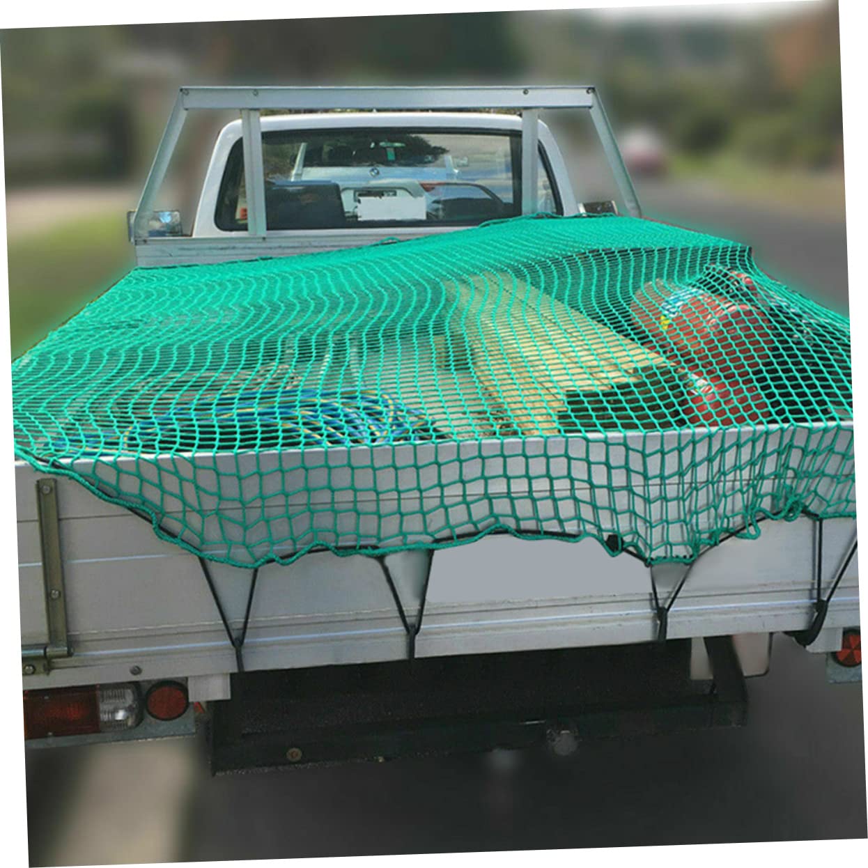 Happyyami Rete di Carico in Nylon Resistente per Cassone Pick-up Verde con 15 Ganci e Corda Elastica, per Campeggio e Trasporto Sicuro di Piccoli Oggetti