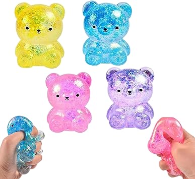 4PCS Glitter Bear Stress Ball Sugar Bear Squishies, Stress Relief Slow Rise Stress Relief Fidget Toys for Adults
