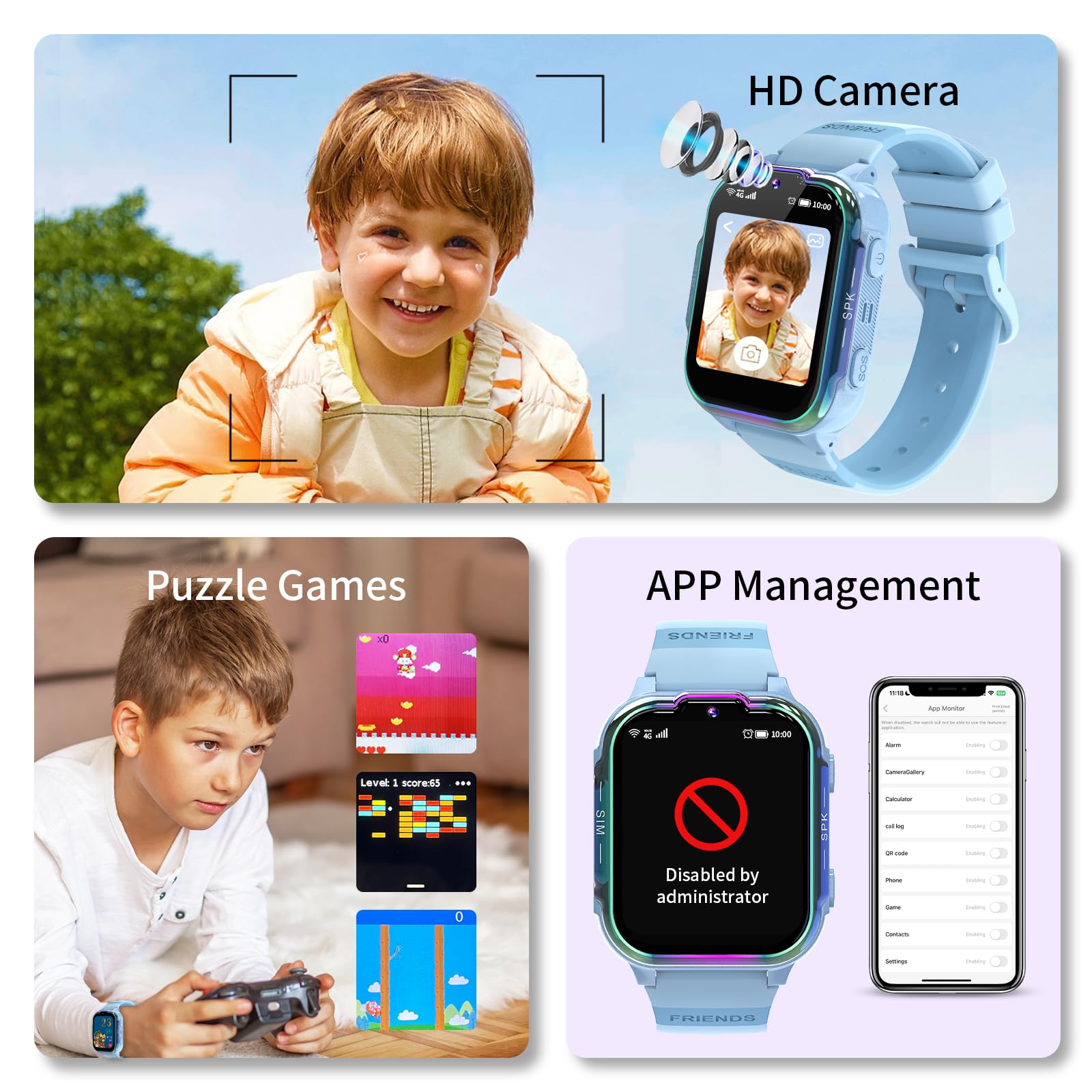 4G Smartwatch dla Dzieci z GPS Połączenia Wideo SOS Gry Budzik Krokomierz Kalkulator Wodoodporny Zegarek Cyfrowy dla Chłopców i Dziewczynek Prezent-